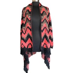 Voom by Joy Han Blanket Style Cardign Black & Coral Chevron Sz Small Fringe